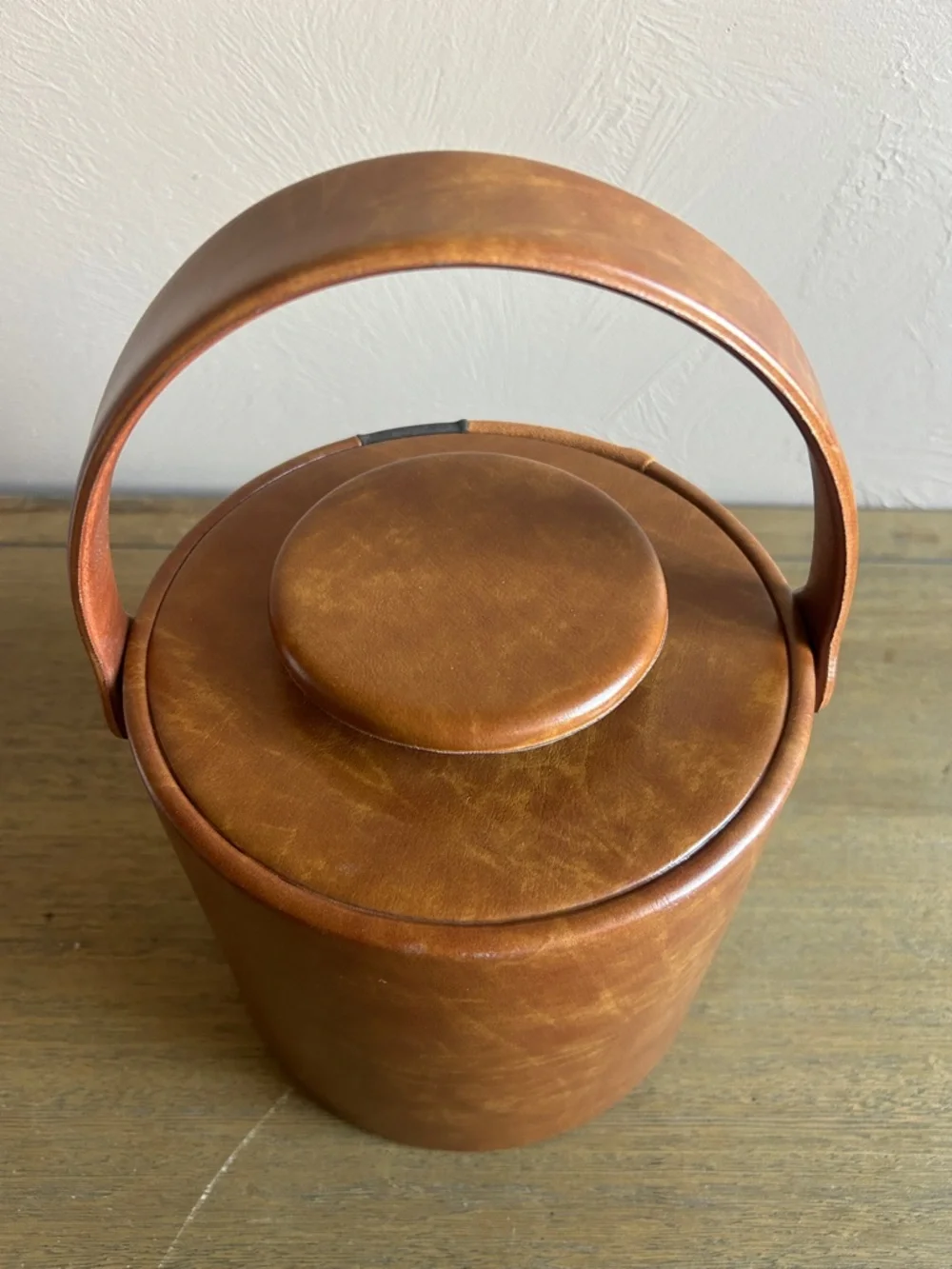 MCM Brown Leather Cylindrical Ice Bucket With Black Accent Made in L. A. USA.